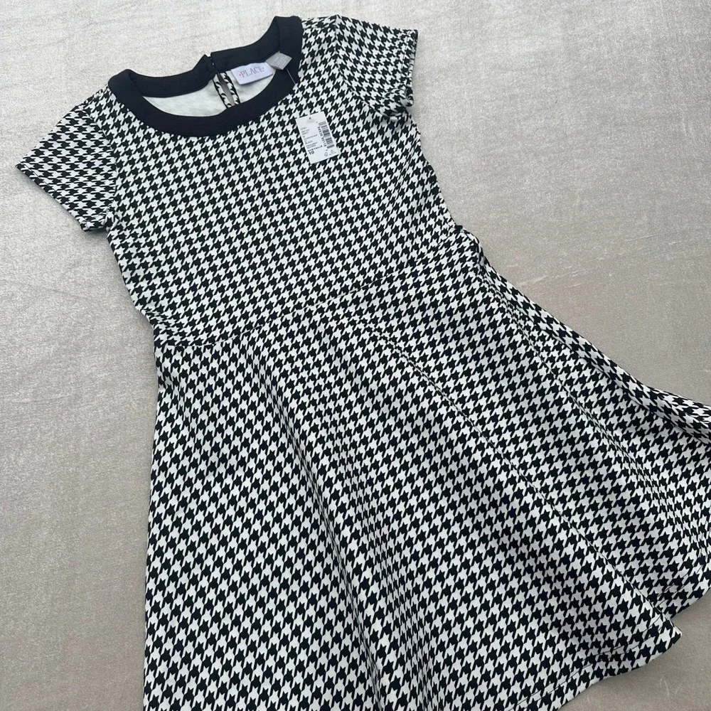 NWT The Children's Place Houndstooth Fit & Flare Dress Girls Size 10 Black White